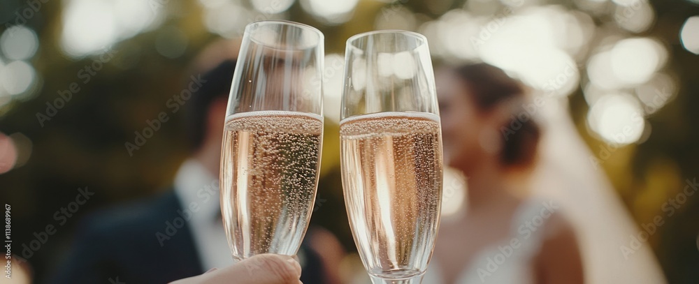 Toasting with champagne at a wedding, newlyweds out of focus. Toasting with champagne at a wedding, newlyweds out of focus.
