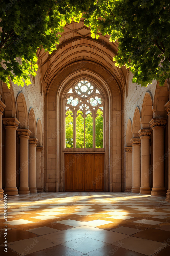 Obraz premium A large wooden door in a building with arches and pillars