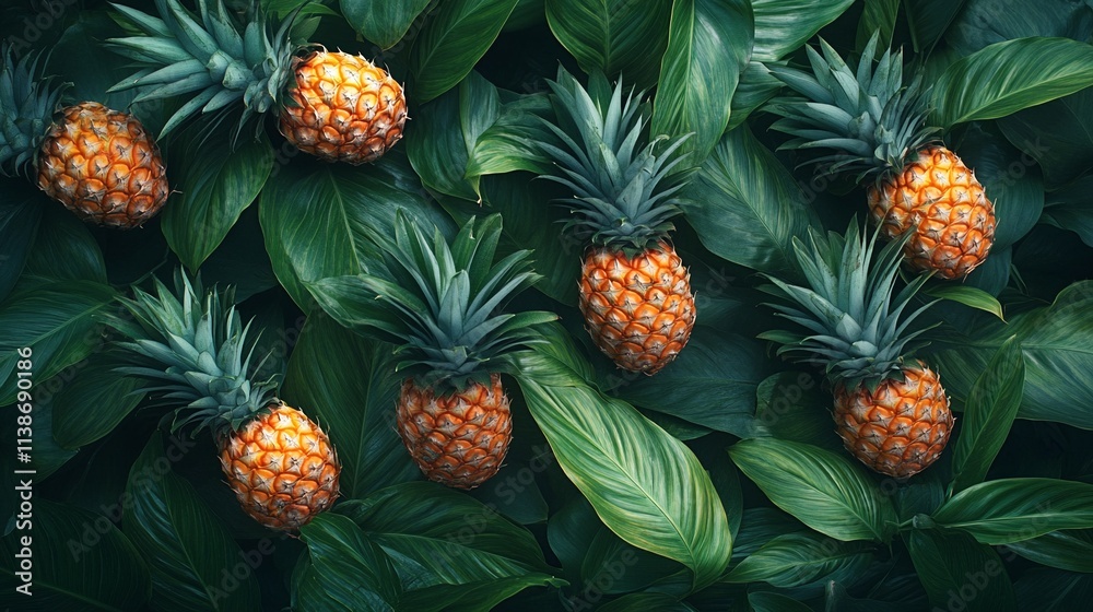 A collection of ripe pineapples surrounded by lush green leaves. A collection of ripe pineapples surrounded by lush green leaves.