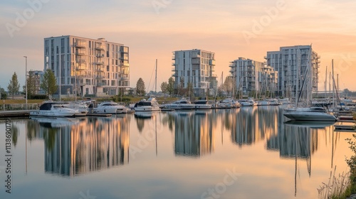 Boats dock below modern buildings reflecting in serene water at sunset.