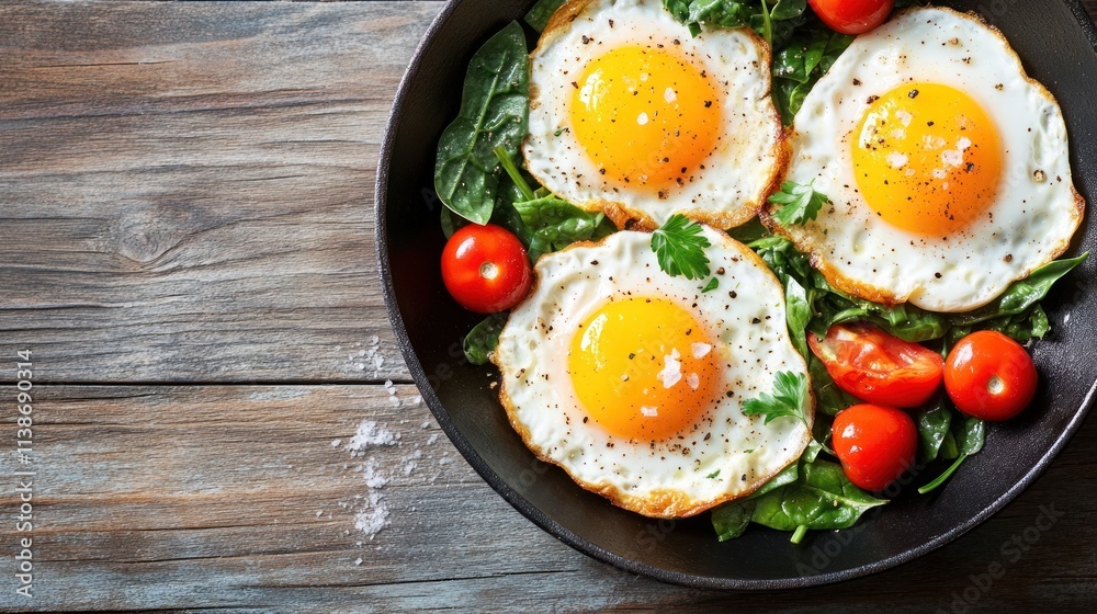 Three sunny side eggs with spinach and tomatoes on black plate. Three sunny side eggs with spinach and tomatoes on black plate.