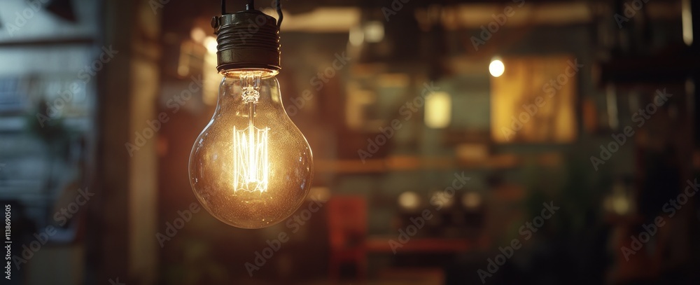 Filament lightbulb glows in a blurred, cozy interior setting. Filament lightbulb glows in a blurred, cozy interior setting.
