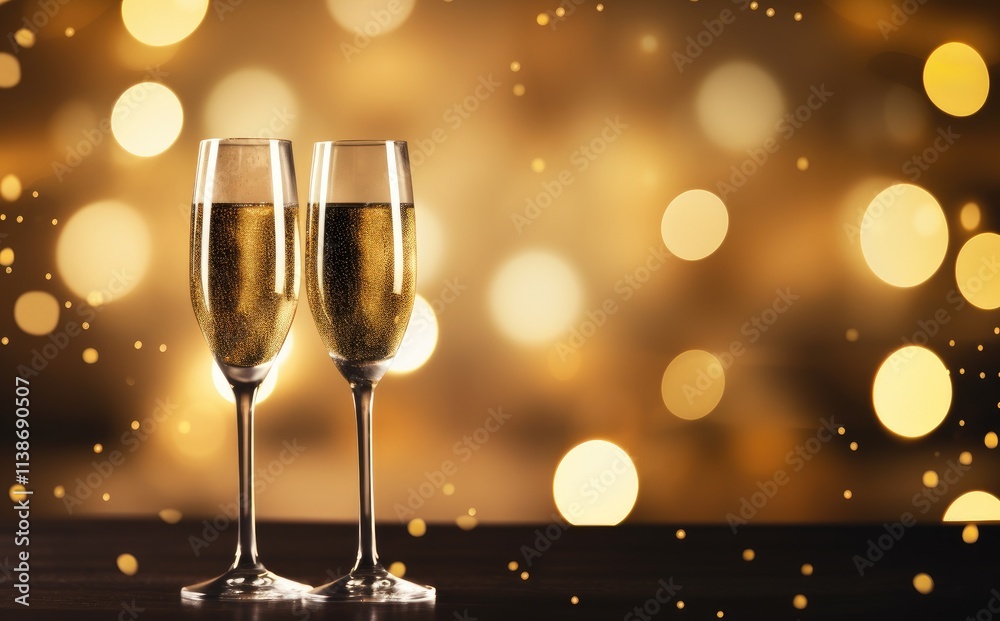 Two champagne glasses on a golden background with bokeh lights, creating a festive New Year celebration atmosphere. Ideal for holiday banners or event invitations Two champagne glasses on a golden background with bokeh lights, creating a festive New Year celebration atmosphere. Ideal for holiday banners or event invitations