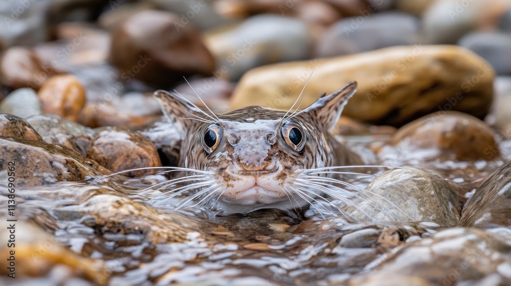 Cat face peeks from shallow, rocky stream. Cat face peeks from shallow, rocky stream.