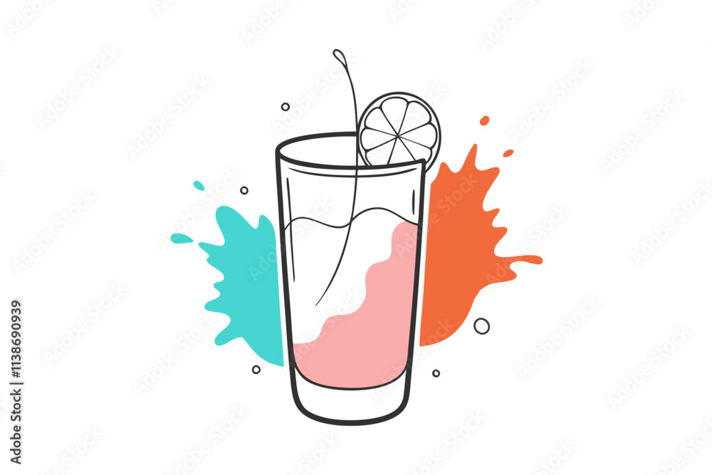 Watercolor Ink Splash and Single Line Drawing of Agua Fresca with Fruit