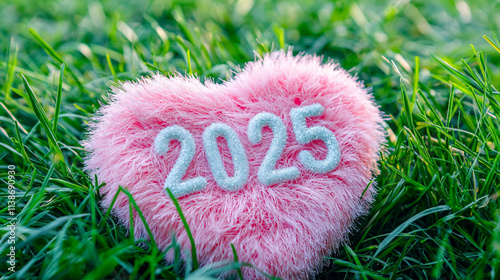 Pink furry heart with 2025 celebrating the New Year