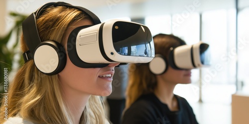 Two women wearing VR headsets experience virtual reality, reflecting immersion in digital innovation. photo