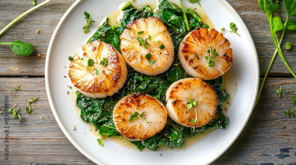 Pan-seared scallops with spinach on plate. Pan-seared scallops with spinach on plate.