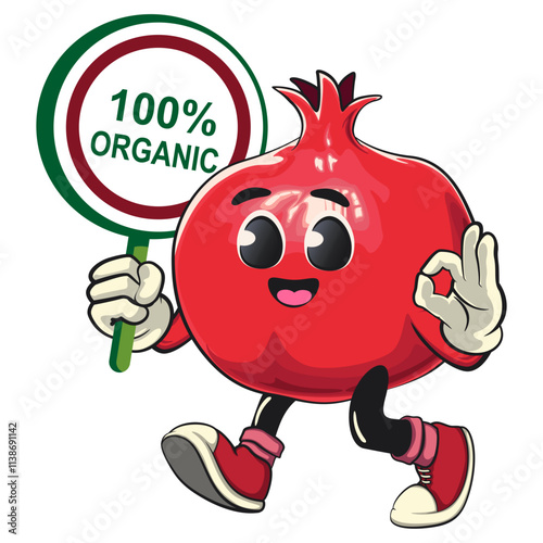 Cute Kawaii Pomegranate character carrying a sign that says 100 percent organic while giving an okay sign, vector hand drawn cartoon isolated icon illustration, work of hand drawn