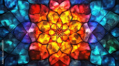 A colorful stained glass mandala with a flower-like design at its center.