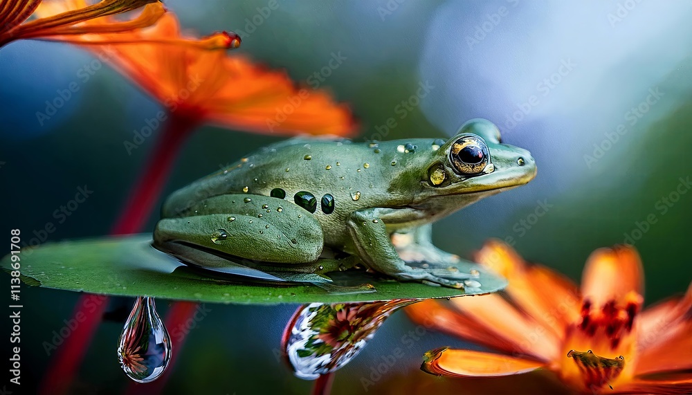 Intricate Scene of a Frog Inside a Magnified Water Droplet Intricate Scene of a Frog Inside a Magnified Water Droplet