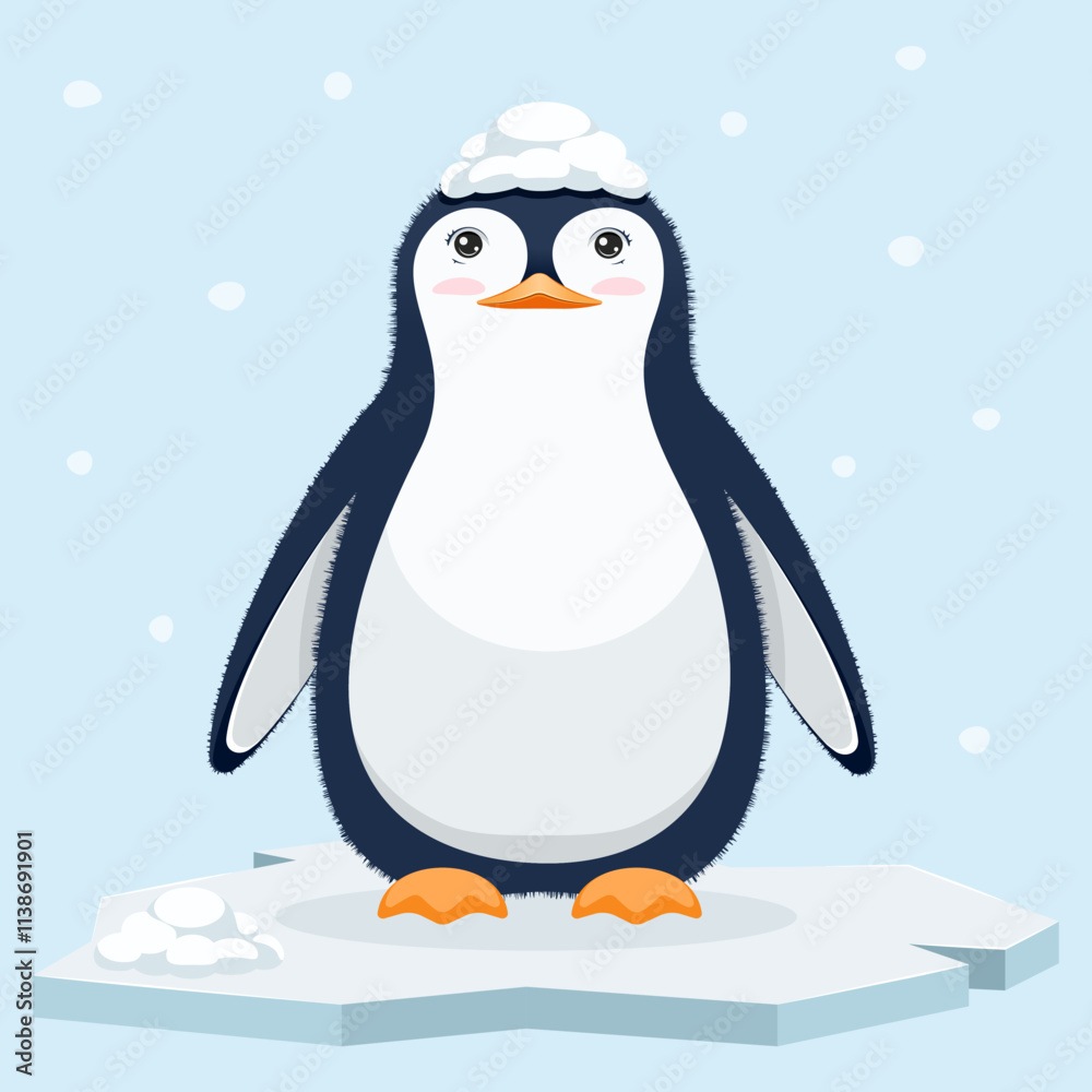 Fototapeta premium Cute penguin standing on a snowy ice floe with fluffy snow on its head. Soft pastel colors and minimalistic cartoon style. Snowflakes gently falling in the background create calm Arctic winter scene.