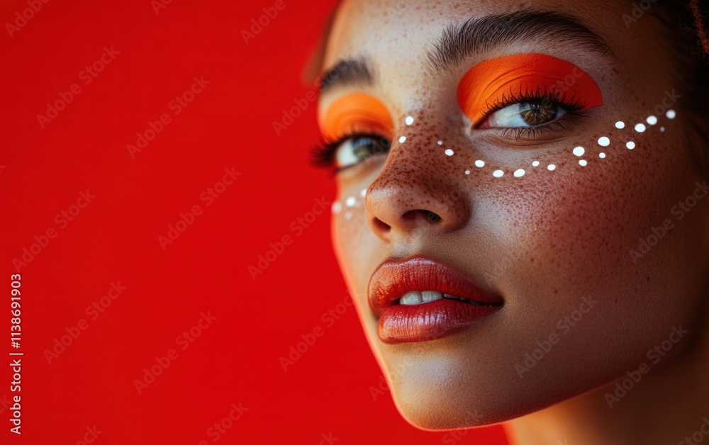 A close-up of a woman with bold graphic shapes in neon orange and white around her eyes on a bright red background A close-up of a woman with bold graphic shapes in neon orange and white around her eyes on a bright red background