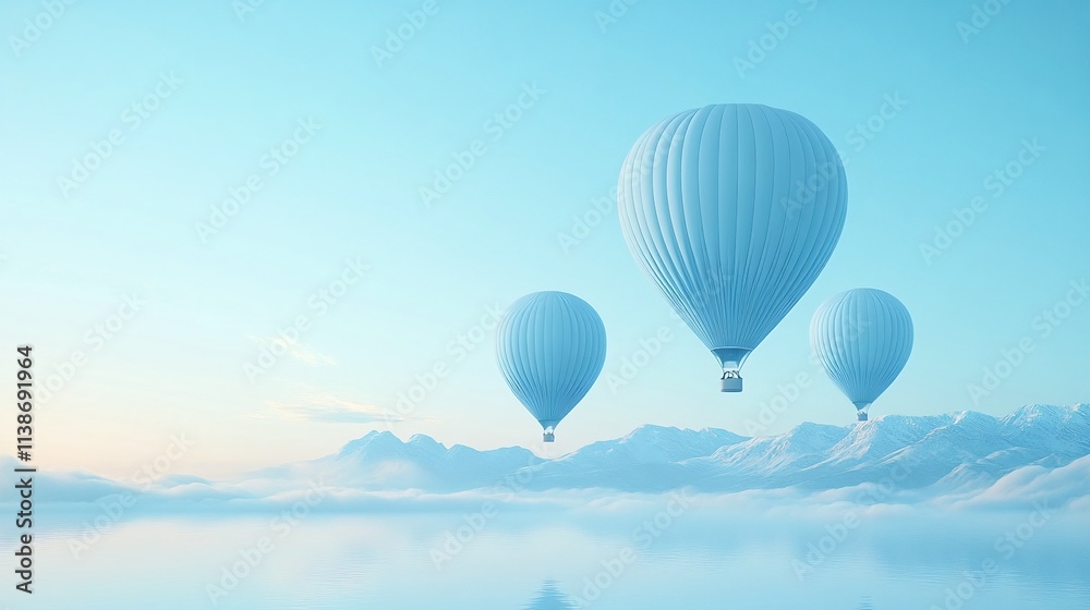 Obraz premium Hot Air Balloons Floating Above Clouds Over Snowy Mountains and Calm Water.