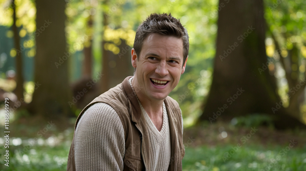 Smiling Man in Forest Wearing Brown Vest Smiling Man in Forest Wearing Brown Vest