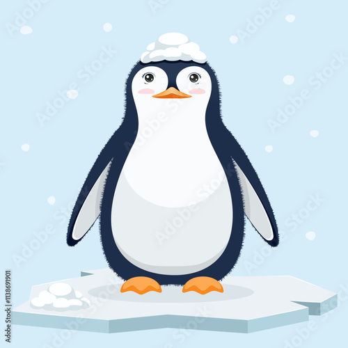 Cute penguin standing on a snowy ice floe with fluffy snow on its head. Soft pastel colors and minimalistic cartoon style. Snowflakes gently falling in the background create calm Arctic winter scene.