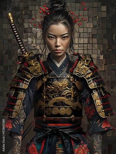 donna guerriera con lo sguardo fiero e in posa che indossa un'armatura da samurai, warrior woman with proud look and posing wearing samurai armor photo