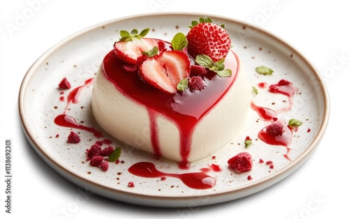 A creamy heart-shaped mousse dessert with glossy strawberry glaze, glowing on a white background