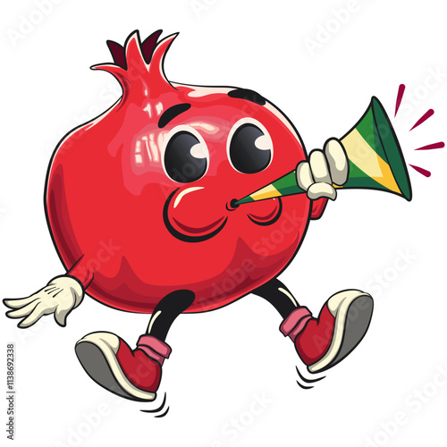 Cute Kawaii Pomegranate character blow the party horn trumpet, vector hand drawn cartoon isolated icon illustration, work of hand drawn