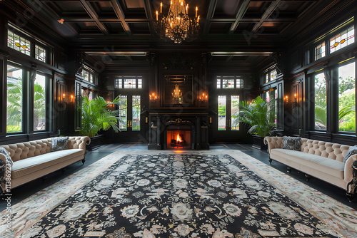 victorian interior design, elegant victorian parlor with a grand fireplace at its center, adorned with silk brocade and plush carpets for a cozy, luxurious feel