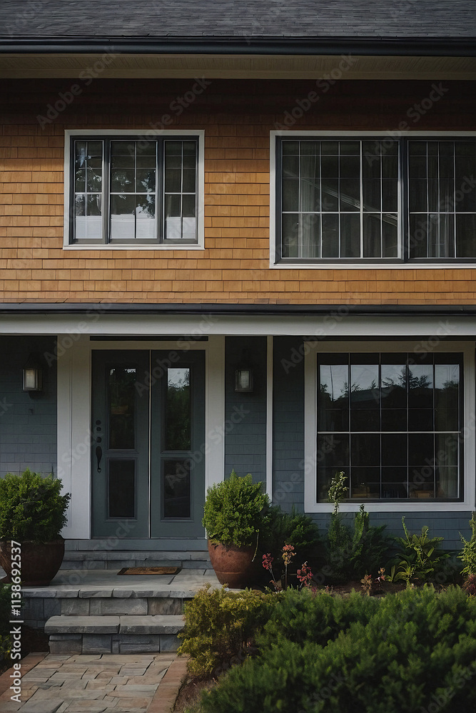 Obraz premium Modern two-story home featuring wooden siding, large windows, and a stone pathway leading to the front door.
