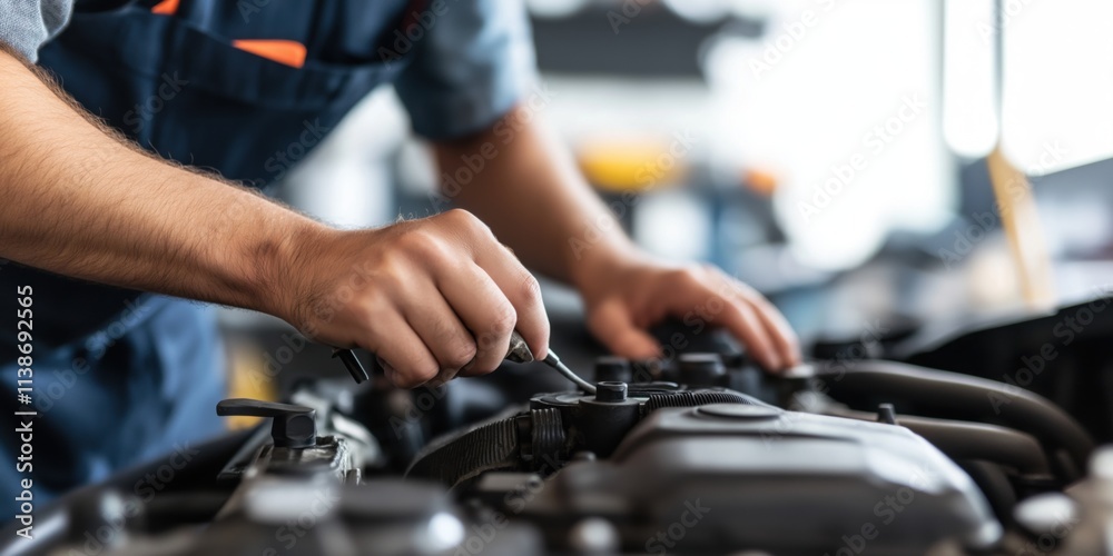 A mechanic works on a car engine, focusing on a particular component while wearing a uniform. A mechanic works on a car engine, focusing on a particular component while wearing a uniform.