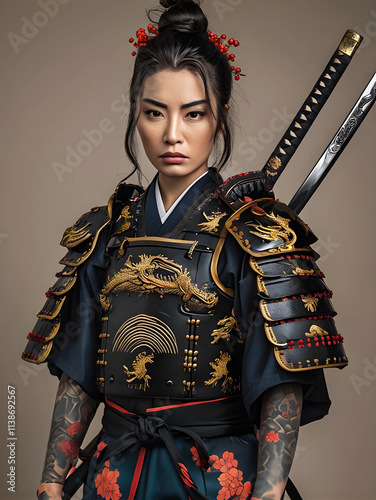 donna guerriera con lo sguardo fiero e in posa che indossa un'armatura da samurai, warrior woman with proud look and posing wearing samurai armor