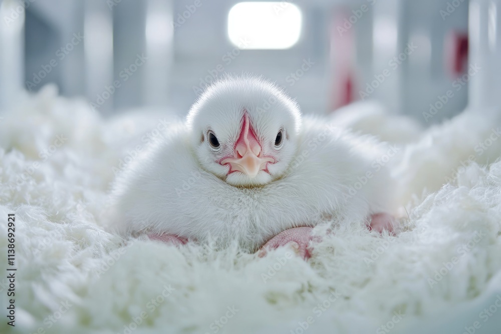 Fluffy white chick with red beak sits in shredded paper. Fluffy white chick with red beak sits in shredded paper.