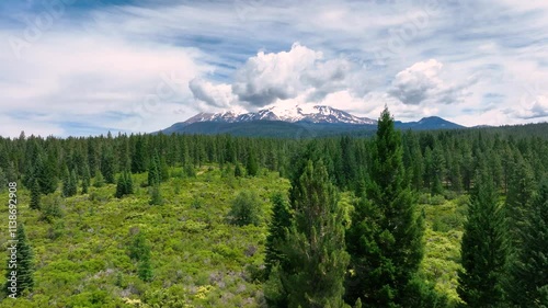 Passing through and over the California pine forests with a view of  Mount Shasta.