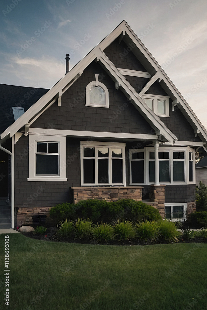 Modern gray house with large front windows and manicured landscaping on a sunny day. Modern gray house with large front windows and manicured landscaping on a sunny day.