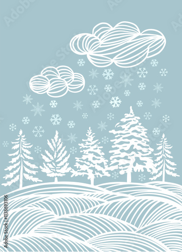 Graphic snowy landscape with fir trees in the field. hand drawing. Not AI, Vector illustrations