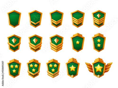 Game soldier insignia. Military rank badges, army police officer chevron stripes general major sergeant captain uniform patch symbol logo shooter gaming swanky vector illustration
