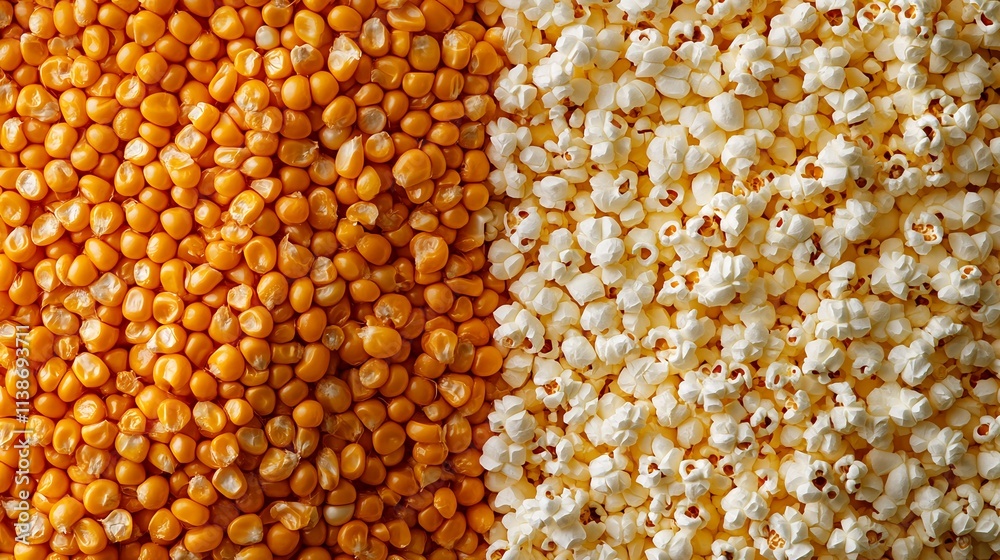 Corn kernels and popcorn kernels side by side. Corn kernels and popcorn kernels side by side.