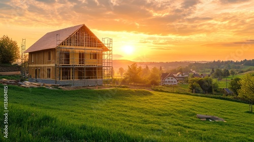 Unfinished house on hill at sunset.