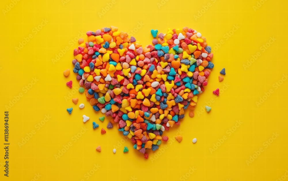 A heart made entirely of colorful candies, with vivid tones, scattered on a sunny yellow background A heart made entirely of colorful candies, with vivid tones, scattered on a sunny yellow background