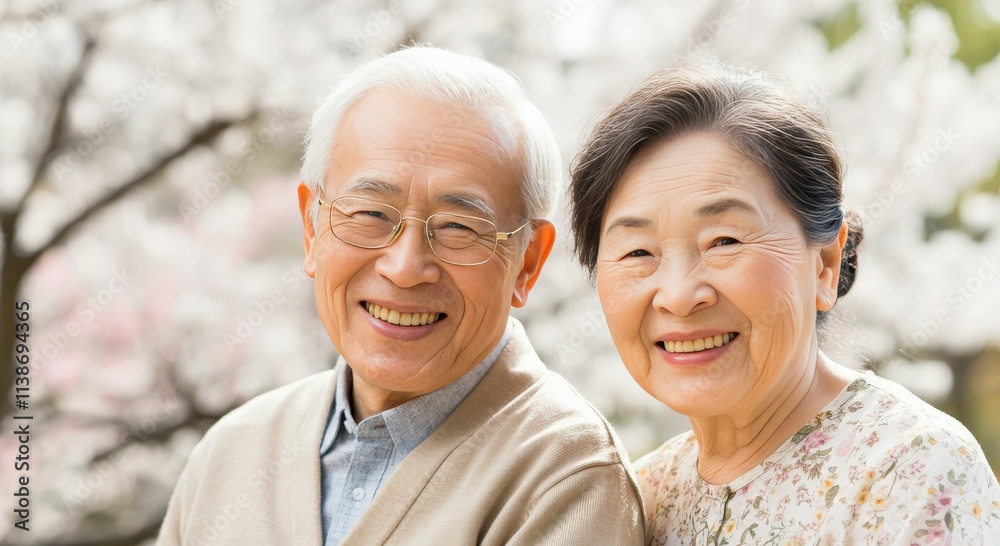 Joyful elderly couple in blooming garden embracing springtime happiness Joyful elderly couple in blooming garden embracing springtime happiness