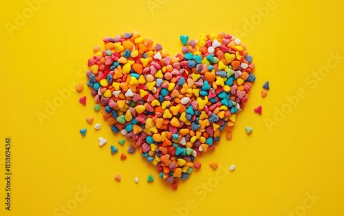 A heart made entirely of colorful candies, with vivid tones, scattered on a sunny yellow background