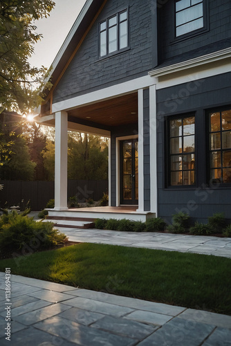 Wallpaper Mural Modern black house exterior with stone pathway, lawn, and sunlight filtering through trees. Torontodigital.ca
