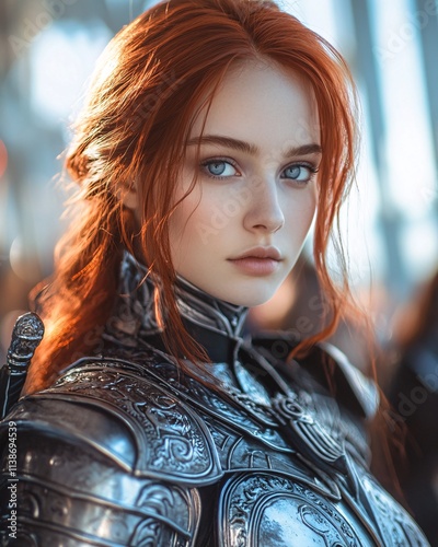 Young Woman in Intricate Fantasy Armor Gazing Confidently with Fiery Red Hair photo