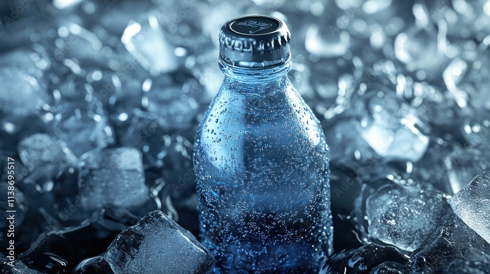 Cold glass bottle immersed in ice cubes, chilled, refreshing drink. Cold glass bottle immersed in ice cubes, chilled, refreshing drink.