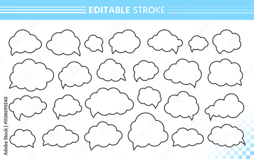 Outline speech bubble in cloud shapes set. Black line quote frame. Simple curves, smooth edges, rounded forms. Abstract contours clouds icon, puffy silhouettes, cartoon clean editable strokes form