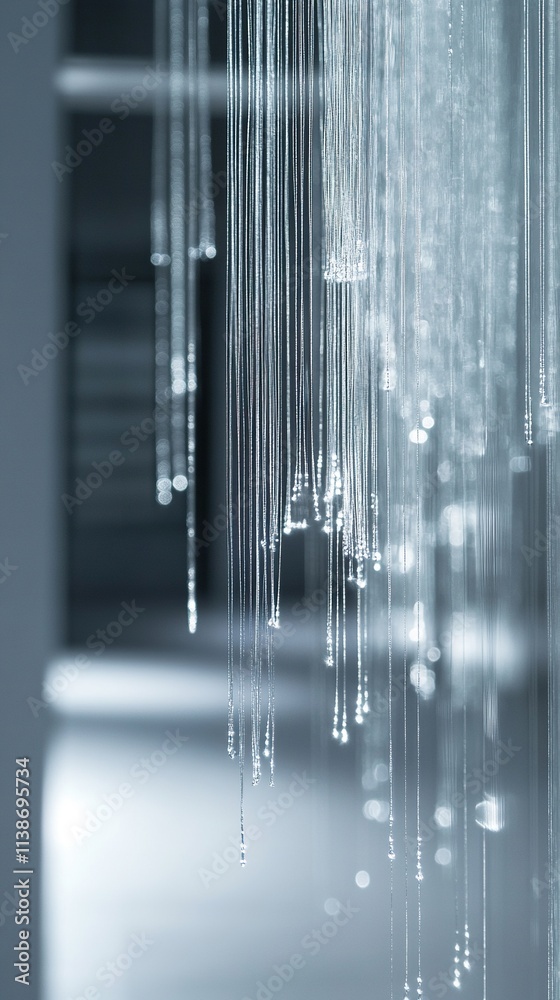 Abstract image of hanging translucent strands, creating a flowing, light-catching effect. Abstract image of hanging translucent strands, creating a flowing, light-catching effect.