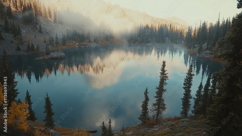 Fototapeta premium Mountain lake reflecting sky and trees in foggy morning.