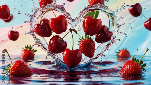 Vibrant display of strawberries and cherries creating a heart shape in a splash of water on a colorful background photo