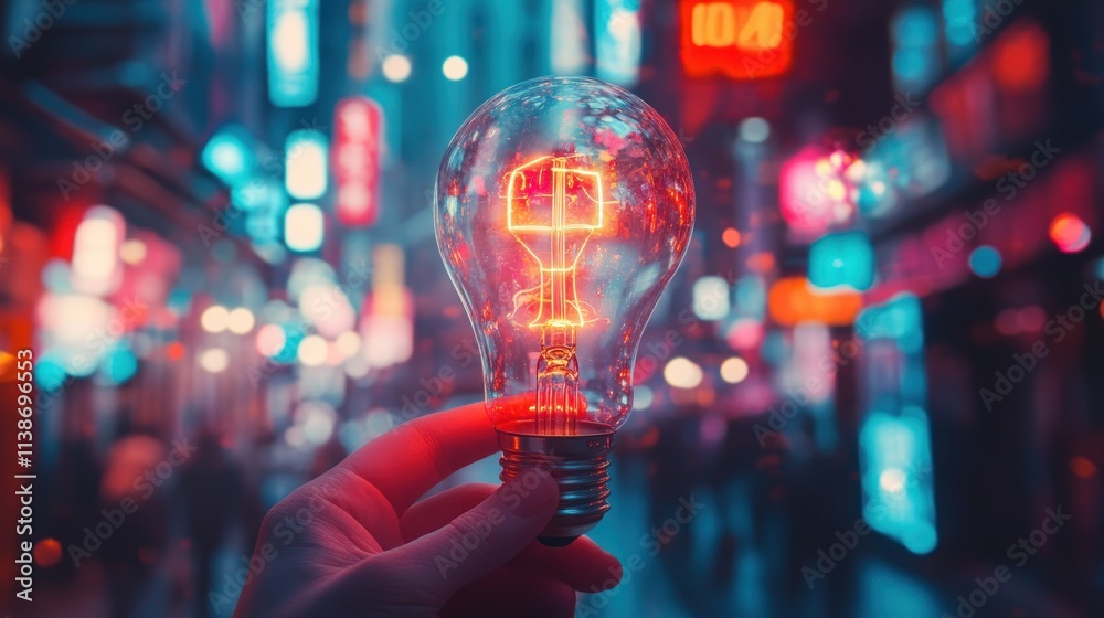 Hand holding a glowing light bulb with blurred city street background. Hand holding a glowing light bulb with blurred city street background.