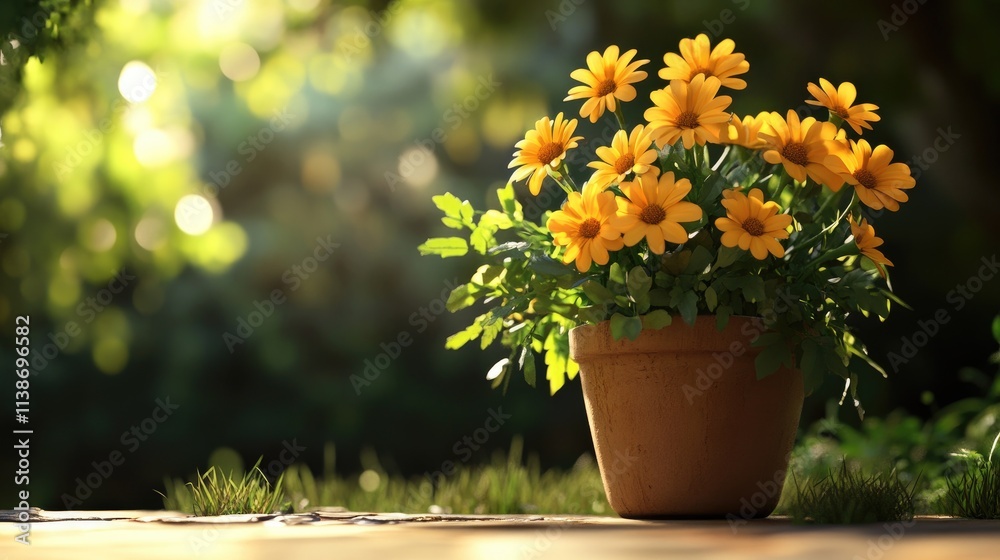 Vibrant Yellow Flowers in Pot with Soft Natural Light Background Vibrant Yellow Flowers in Pot with Soft Natural Light Background