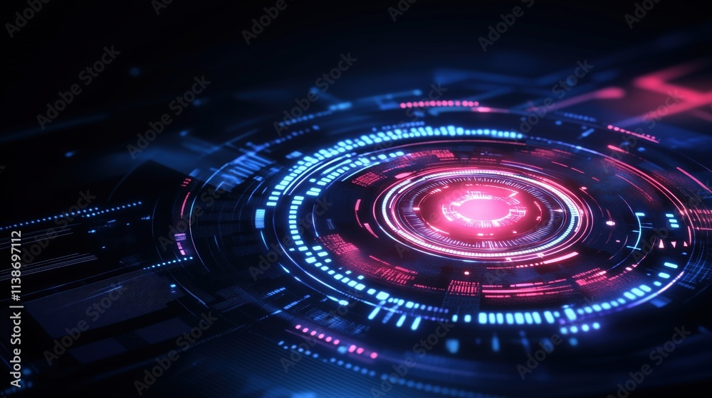 Neon futuristic digital interface with red and blue glowing elements. Cyber technology concept
