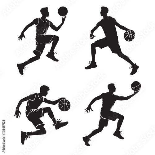 Set of silhouettes of basketball players with different poses, isolated on white background, vector illustration.