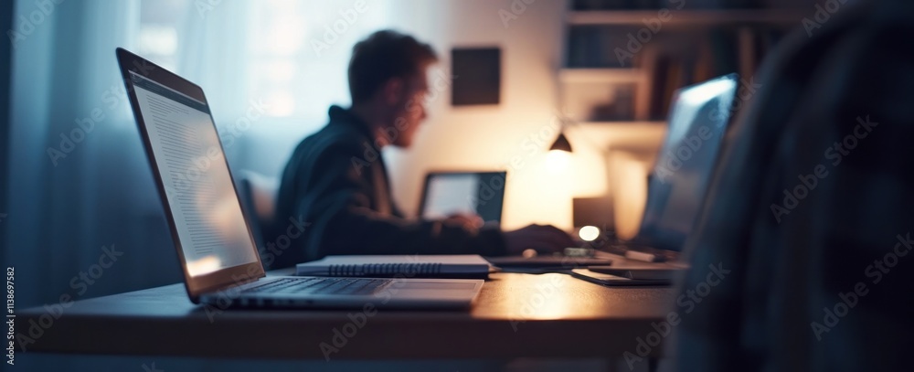Man works with laptops late at night, using multiple devices. Man works with laptops late at night, using multiple devices.