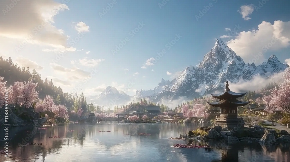 Fototapeta premium A serene landscape featuring mountains, cherry blossoms, and a tranquil lake.